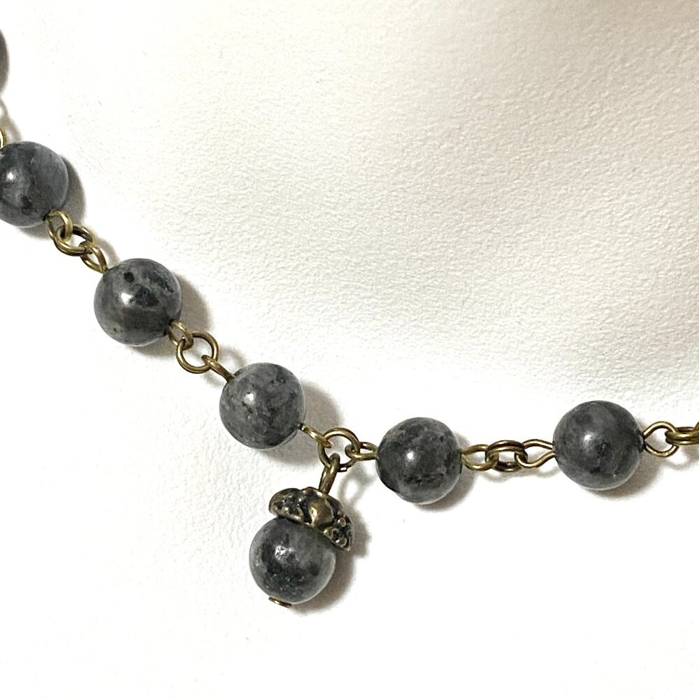 Natural Dark Larvikite Necklace, Cute Bronze Acorn + Genuine Gemstone Choker